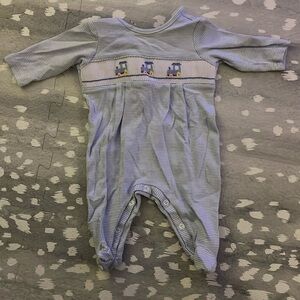 Smocked blue and white striped train outfit